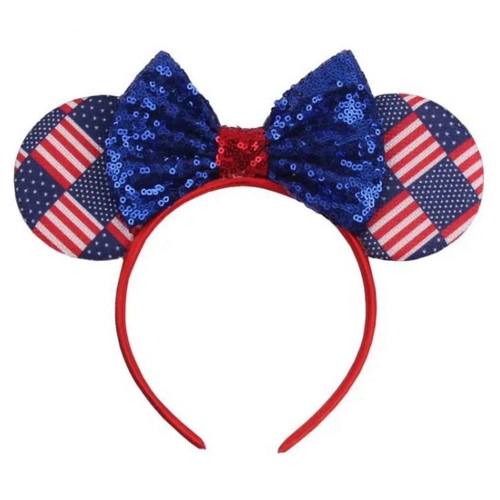 Disney Inspired Fourth Of July Headband Mouse Ears w/ Sequined Bow American Flag